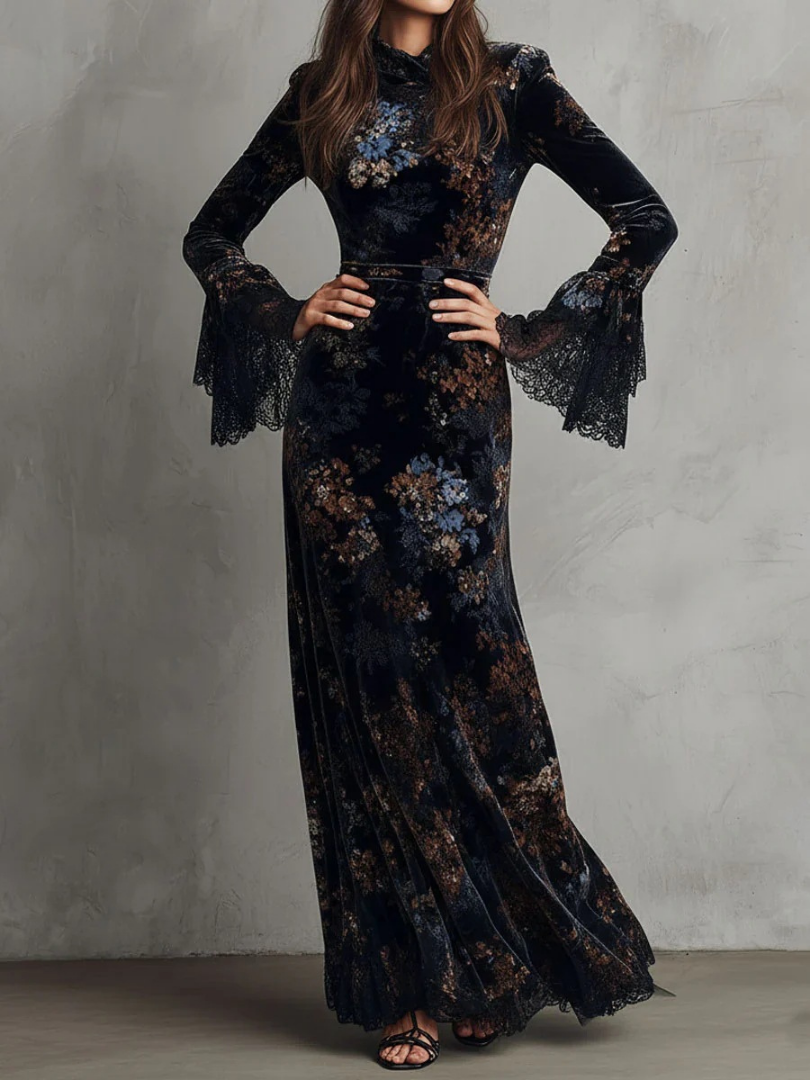 VALERIA – Floral Velvet Lace Maxi Dress