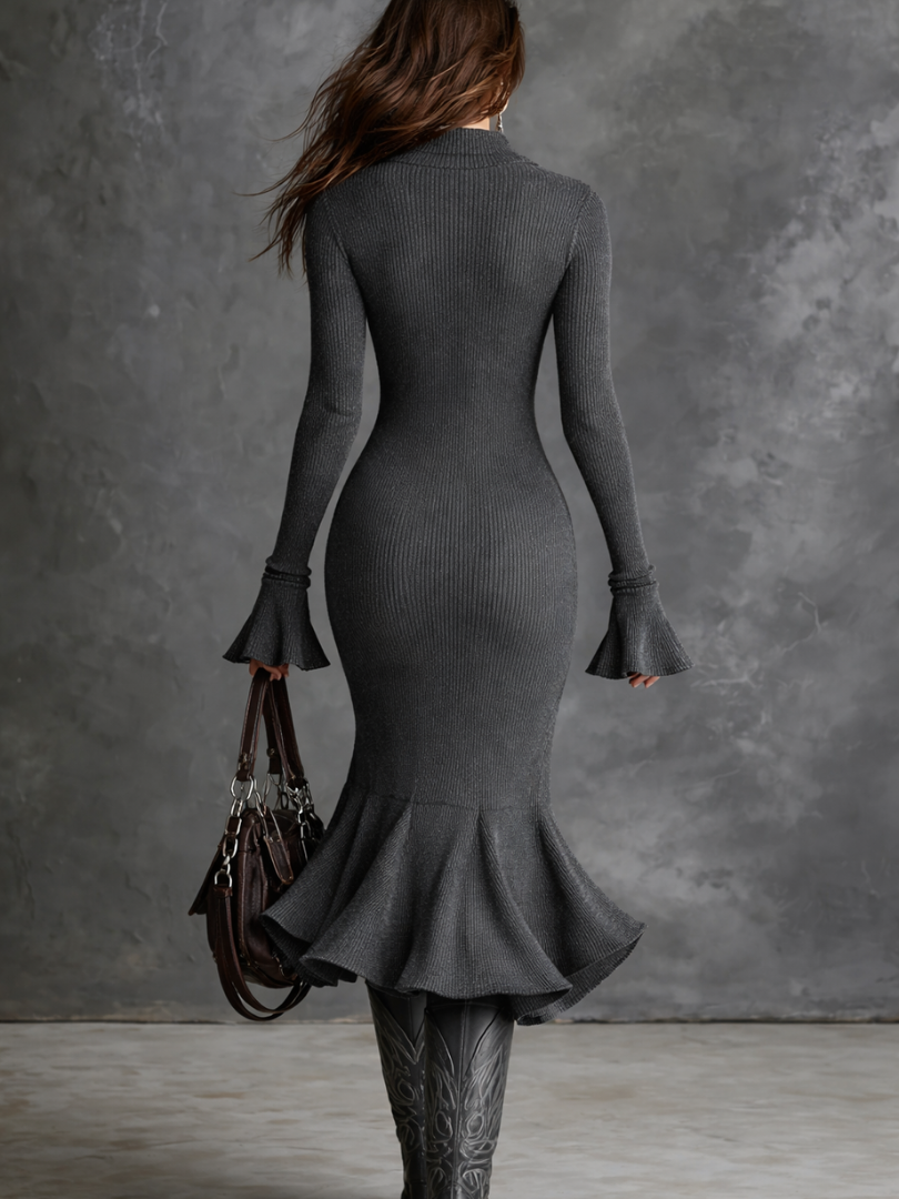 VALERIA – Zip-Front Ribbed Knit Midi Dress